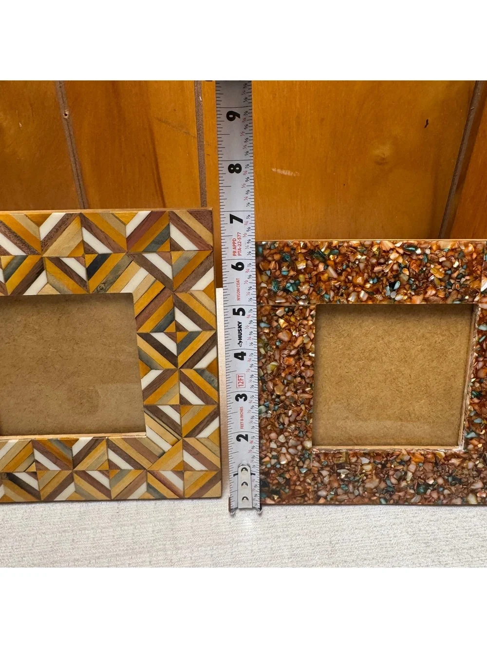 Set of 2 Artisan 4x4 Picture Frames Wood & Mosaic Inlay Boho Tabletop Decor